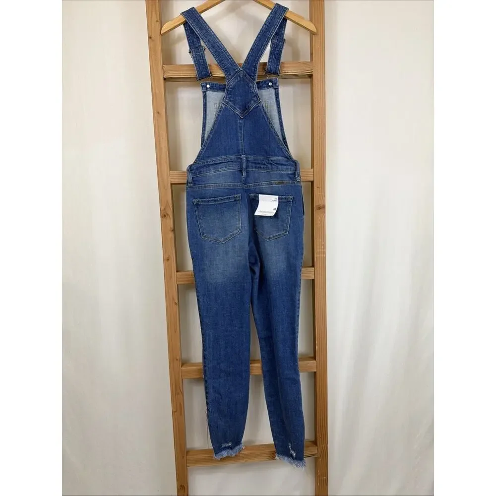 NWT KanCan Blue Distressed Pockets Adjustable Straps Denim Overalls #1427 SZ SM.